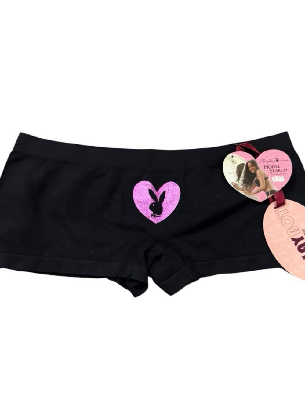 2011 Playboy Women's Black Boyshorts with Pink Heart Logo “Love is for bunnies”